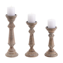 DecMode Traditional and Timeless Mango Wood Pillar Candle Holder Set of 3,  6, 8, 10H, Light Blue Finish 