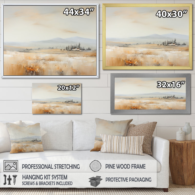Paysage campagne minimaliste I - campagne, art mural salon, Cadre flottant doré, 24" H x 32" W