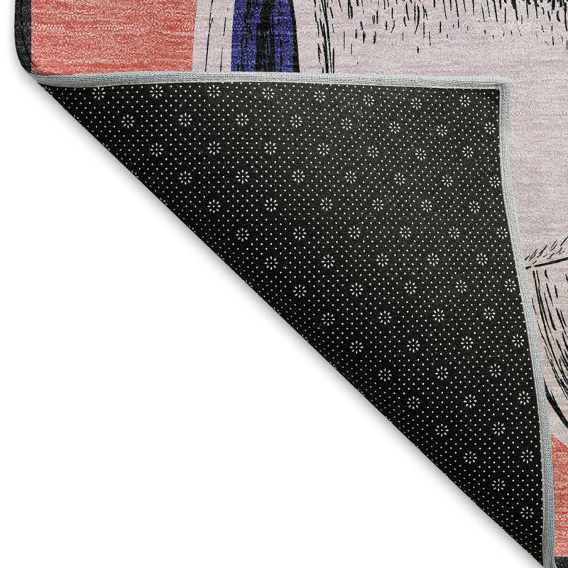 Red Rectangular Synthetic Washable Kitchen Rug with Coffee Mug Design