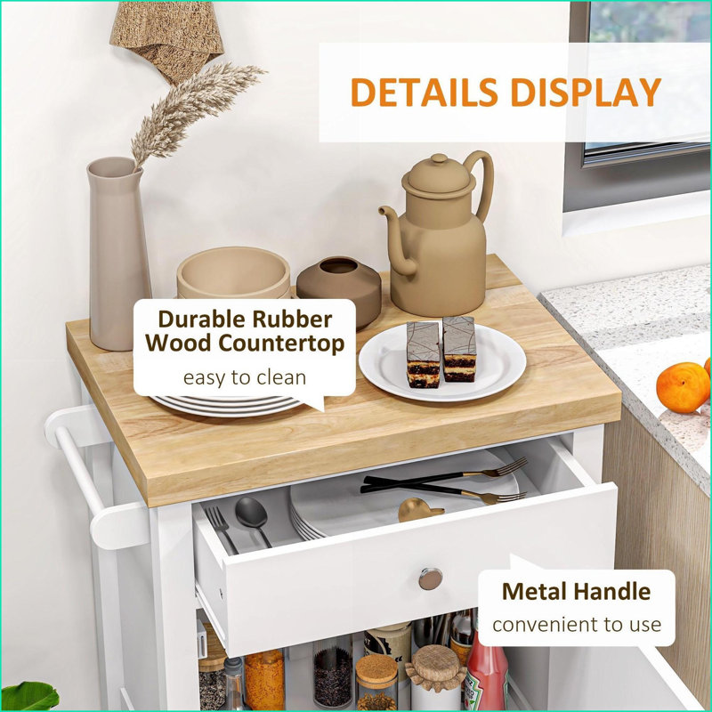 Chariot pour îlot de cuisine, utilitaire roulant avec plateau en bois d'hévéa, rangement et amp; Roues | Blanc | Bois d'ingénierie