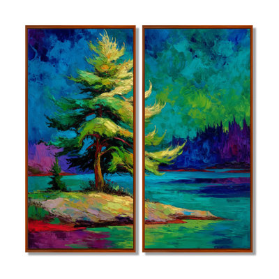 «Vibrant Green Pine Trees Morning Sun», impression sur toile de pin, décoration murale nature verte 2 pièces