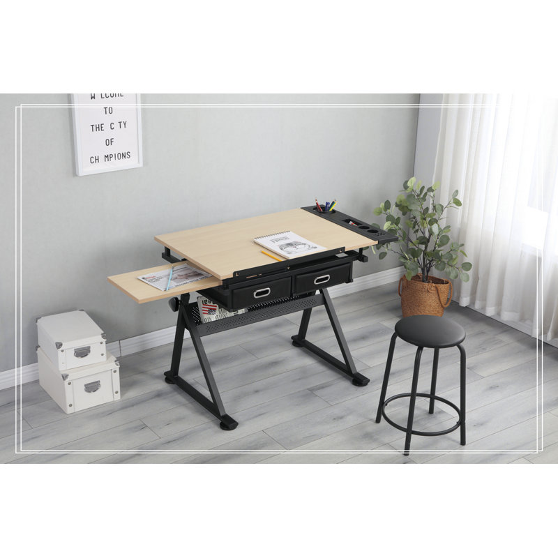 adjustable drawing drafting table desk with 2 drawers for home office and school with stool
