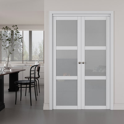 3-Lite Forested Glass Solid Core Manufactured Wood Pivot-French Or Bi-Fold Doors with Hardware Kit,White.(Ideal for Closet,Pantry,Luandry,Bathroom)
