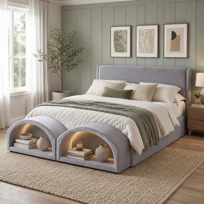 Queen Size Upholstered Platform Bed with LED Lighted Pet Nests at Footboard