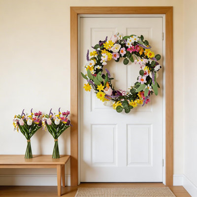 24" Spring Summer Wreaths for Front Door with Hydrangea and Peony with 2 Flower Bundles, Artificial Floral Door Wreath 22 Inch, Farmhouse Wall Porch Window Spring Home Decor