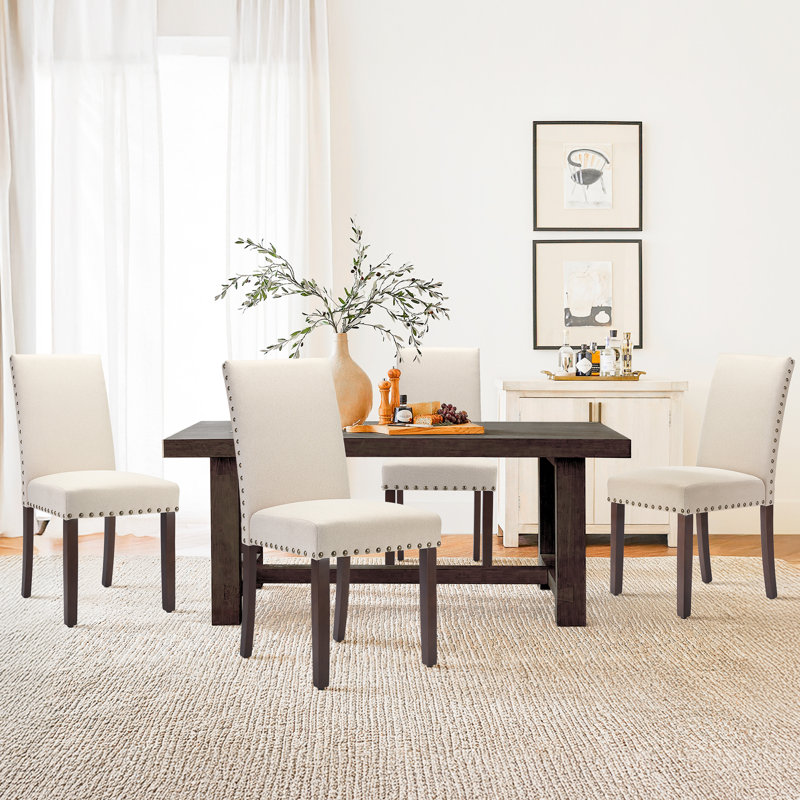 Bontrager Upholstered Nailed Trim Linen Parsons Dining Chairs with Solid Wood Legs, Beige