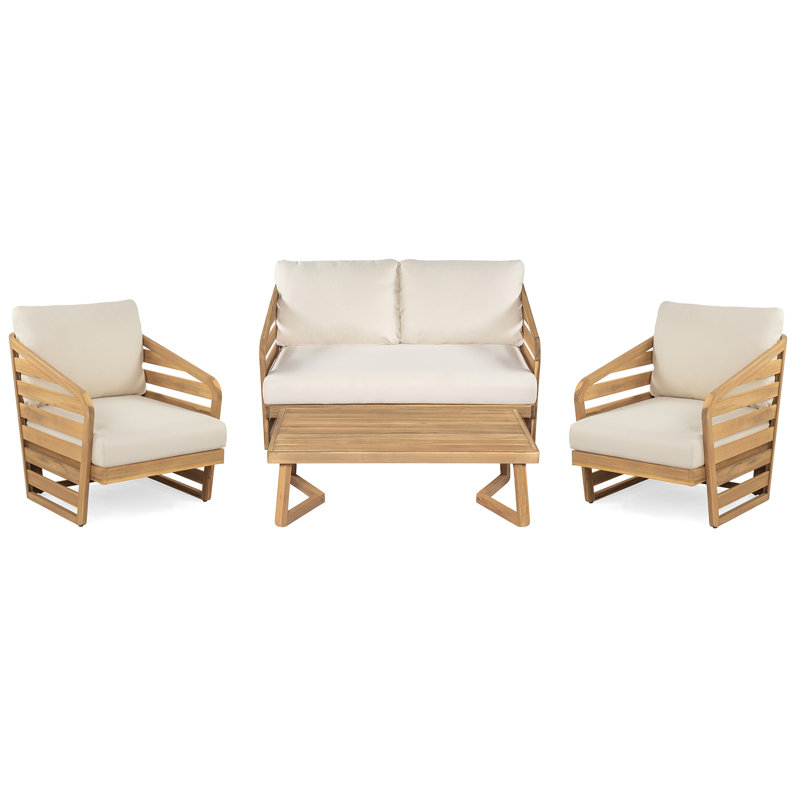 Ensemble de conversation 4 pièces en bois d'acacia royal, beige, 4 Pcs: Table, Loveseat, 2 Chairs