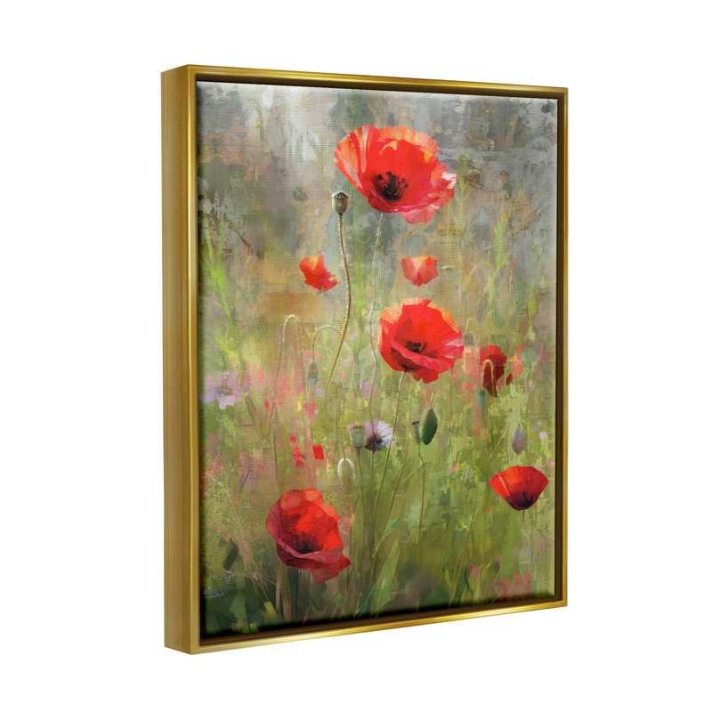 Abstrait coquelicots rouges sur toile, Cadre flottant métallique doré, H 21 po x l 17 po