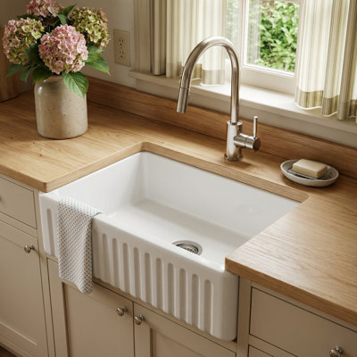 24'' L Farmhouse / Apron-front Reversible Single Bowl Ceramic Kitchen Sink with Bottom Grid and Basket Strainer