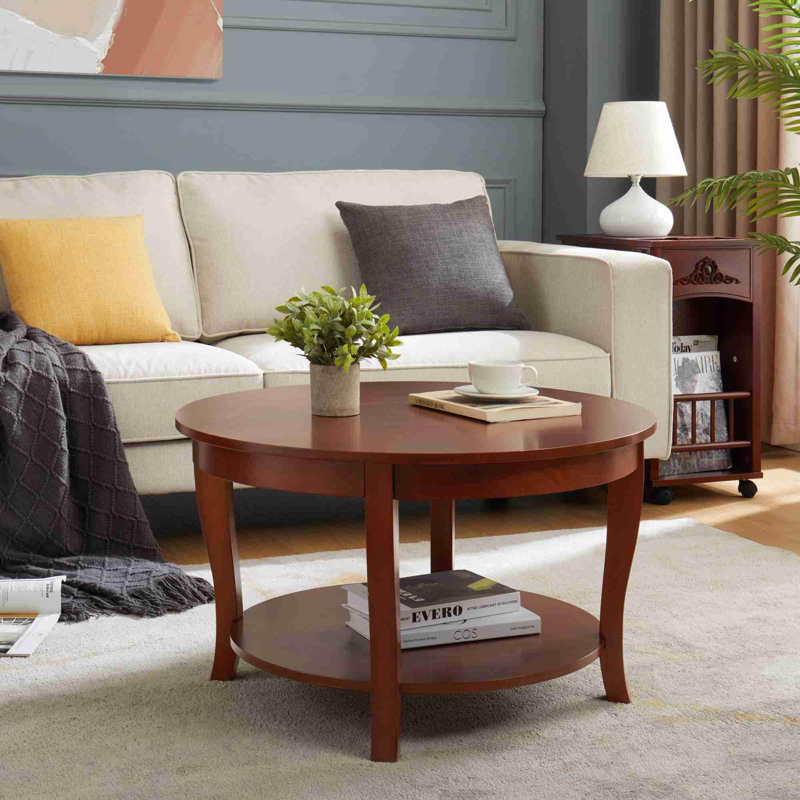 Table basse ronde traditionnelle avec tablettes de rangement ouvertes, Noyer
