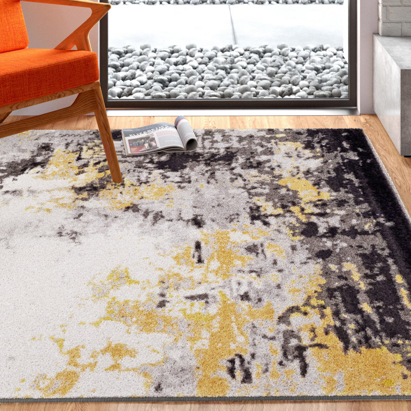 Tapis gris anthracite / noir / moutarde / crème / gris moyen Kohn, Rectangle 5 pi 3 po x 7 pi 6 po
