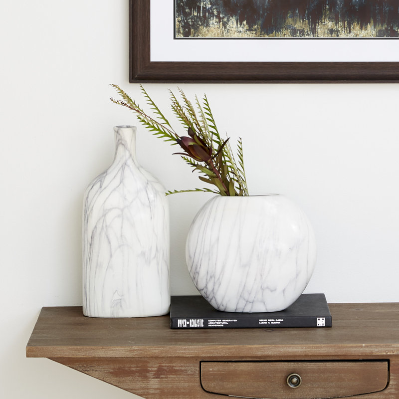 Gray Faux Marble Ceramic Decorative Vase Set with Abstract Design