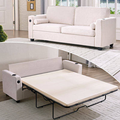 Canapé-lit double en velours avec ports USB, porte-gobelets, coussins épais et coussins décoratifs cylindriques amovibles