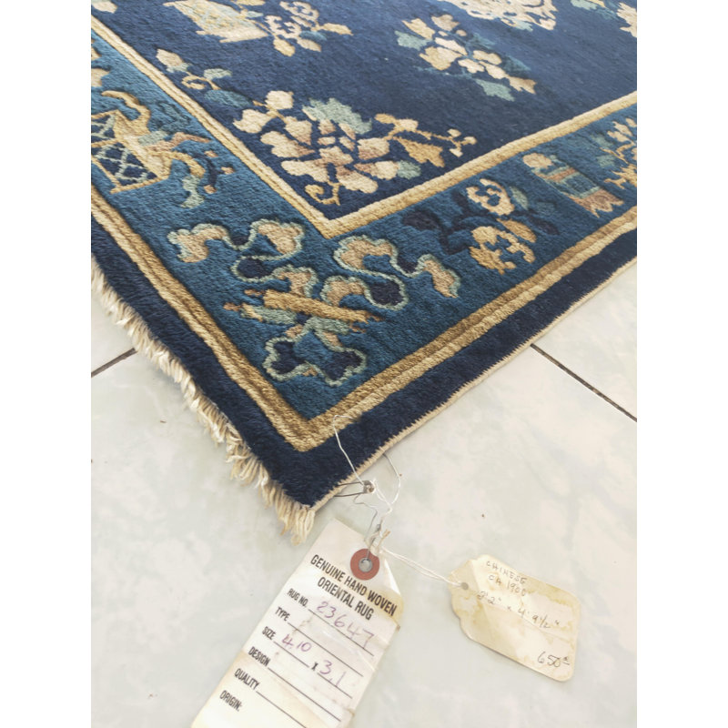 1900s Blue Floral Vase Antique Chinese Peking Rug 3'2"x4'10" Carpet