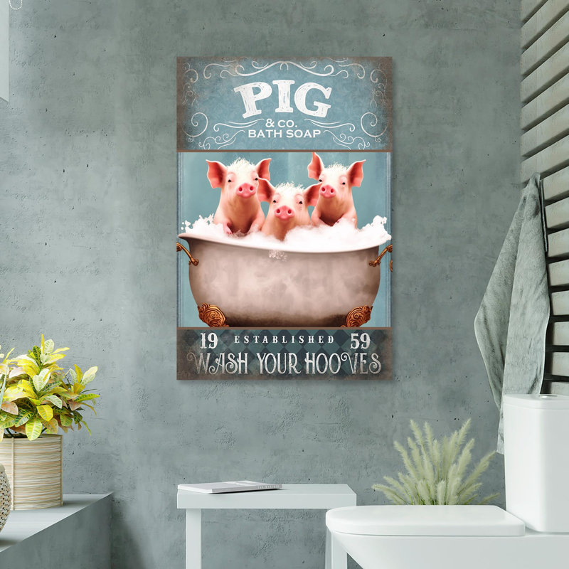 Impression sur toile cochon bain savon sur toile, H 14 po x l 11 po x P 1,25 po