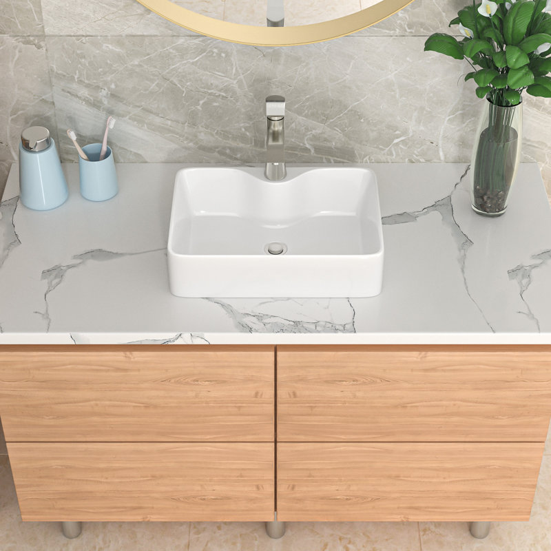 Bathroom Vessel Sink Rectangular Above Counter White Ceramic Vessel Sink with Faucet Hole, 16'' L X 12'' W X 5.5'' H