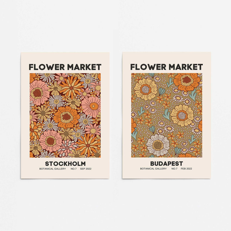 Retro Flower Markets II, ensemble de 2 impressions dans un cadre, Papier, H 10 po x l 16 po x P 0,1 po
