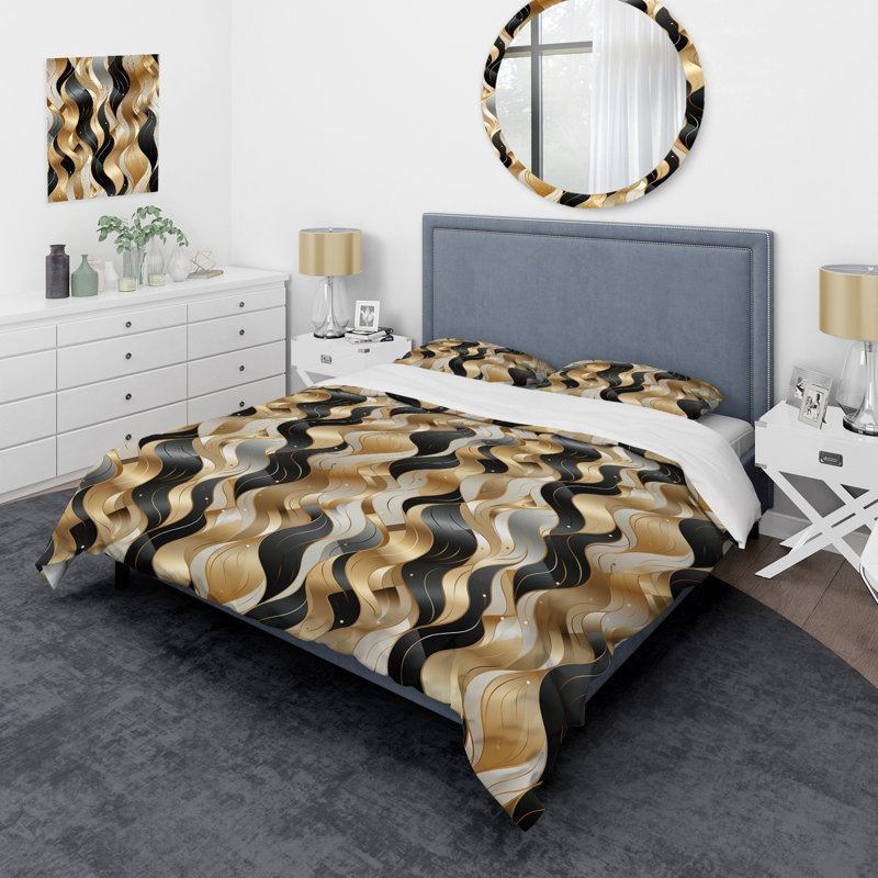 Ensemble de housse de couette doré et blanc champagne, Housse de couette simple + 1 taie décorative stan