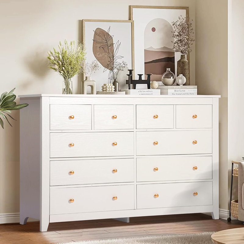 Commode 10 tiroirs pour chambre à coucher, commode 52 po avec tiroirs profonds, longue commode télé, commode de rangement moderne en bois