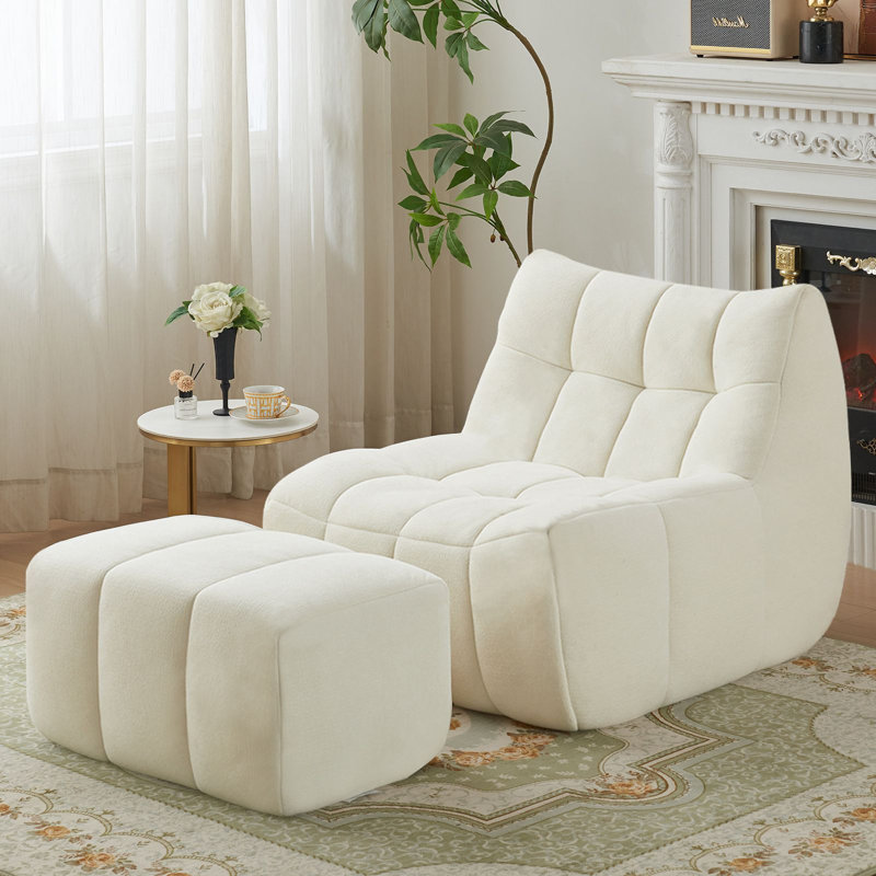 33.7" Bean Bag Lounge Chair With Ottoman, White