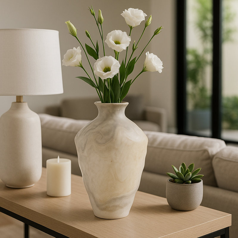 Contemporary Swirl Pattern Glass Vase For Home Decor - Decorative Flower Vase Perfect For Table Centerpiece, Entryway, And Living Room Decor - 15", Ivory