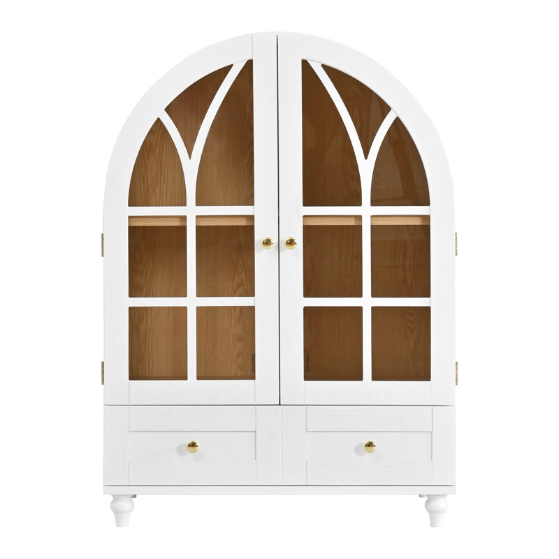 Armoire d'appoint arquée 36,6 po, vitrine avec 2 portes en verre, 2 tiroirs, pieds en bois massif, White