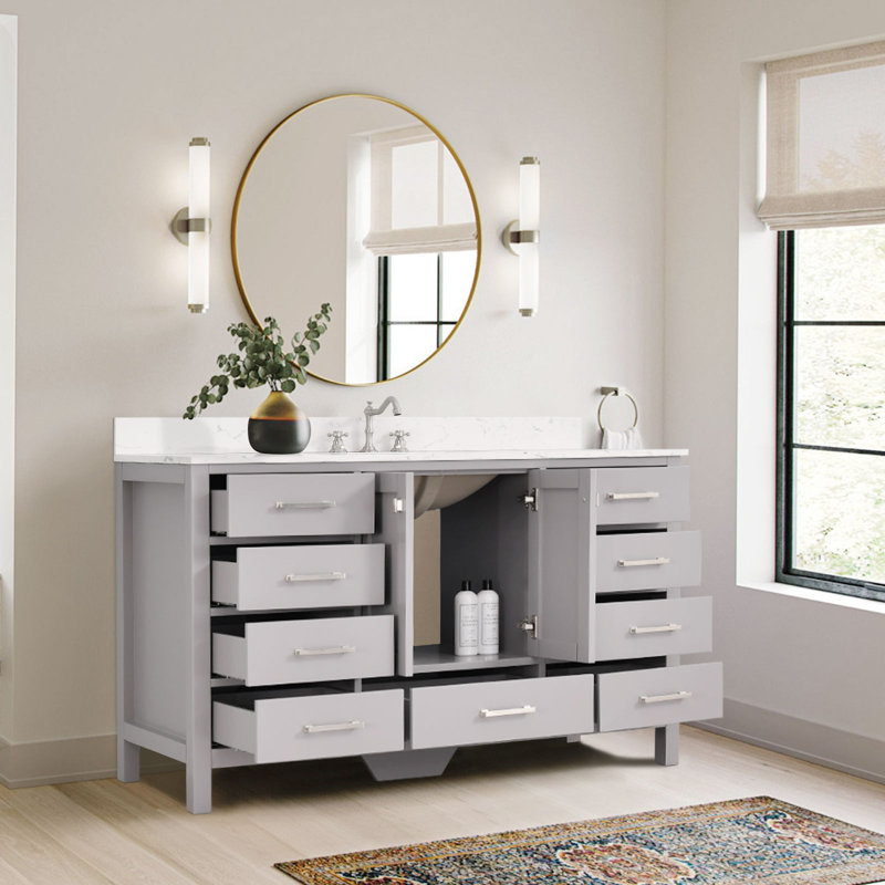 Zenith 60'' Single Bathroom Vanity With Engineered Stone Top, Gray, Brushed Nickel