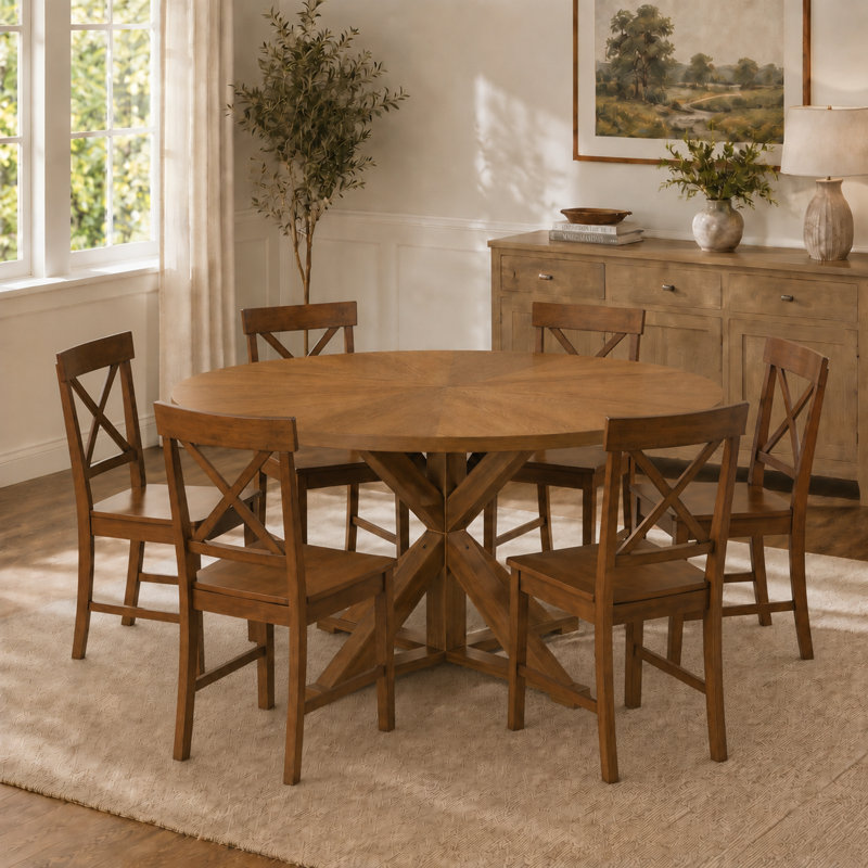 Round Solid Wood Construction Dining Table Set For 6 Person