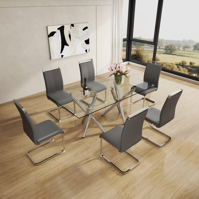 Daarina Modern Dining Table Set, Large Rectangular Glass Table with Silver X-Base and Faux Leather Cantilever Chairs, 7