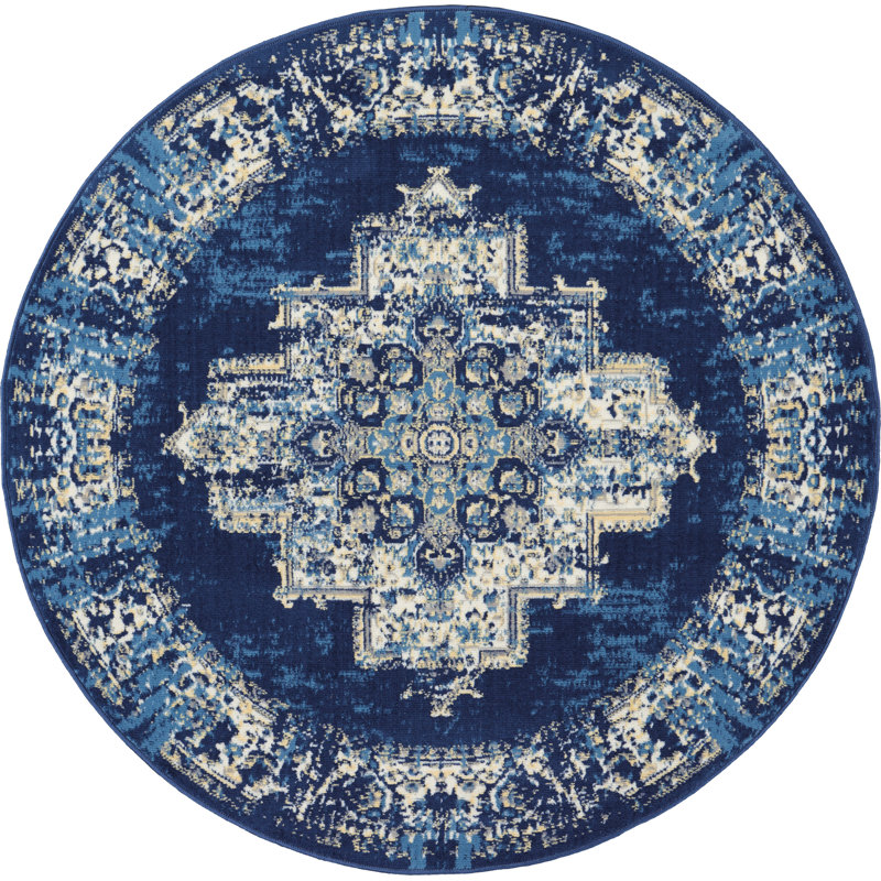 Burnie Oriental Blue/White Area Rug, Round 4'