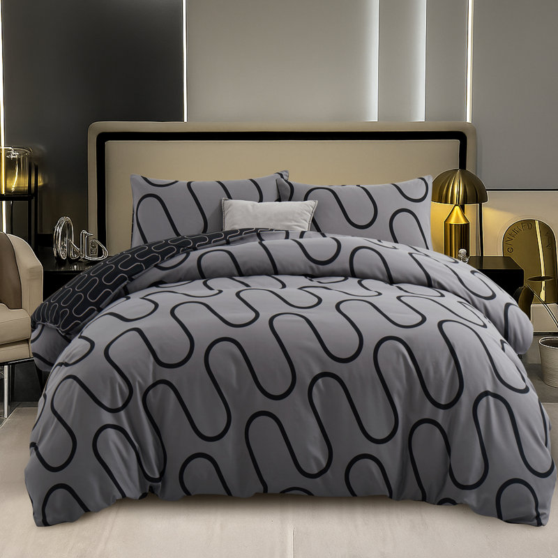 Luxury Duvet Cover Set Reversible black and yellow Wave with Pillowcase, Black/Grey Wavy, Double Duvet Cover + 2 Pillowcases