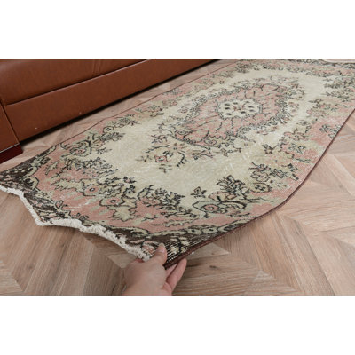 Handmade Vintage Turkish Rug In Pink Ideal For Kitchen Entryway And Salon Spaces