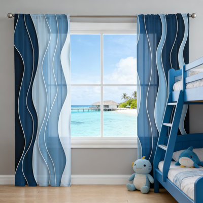 Abstract Ocean Wave Sheer Curtains - Gradient Blue Geometric Design, Rod Pocket Voile Drapes For Living Room & Bedroom, Soft Light Filtering, 2 Panels Per Pack