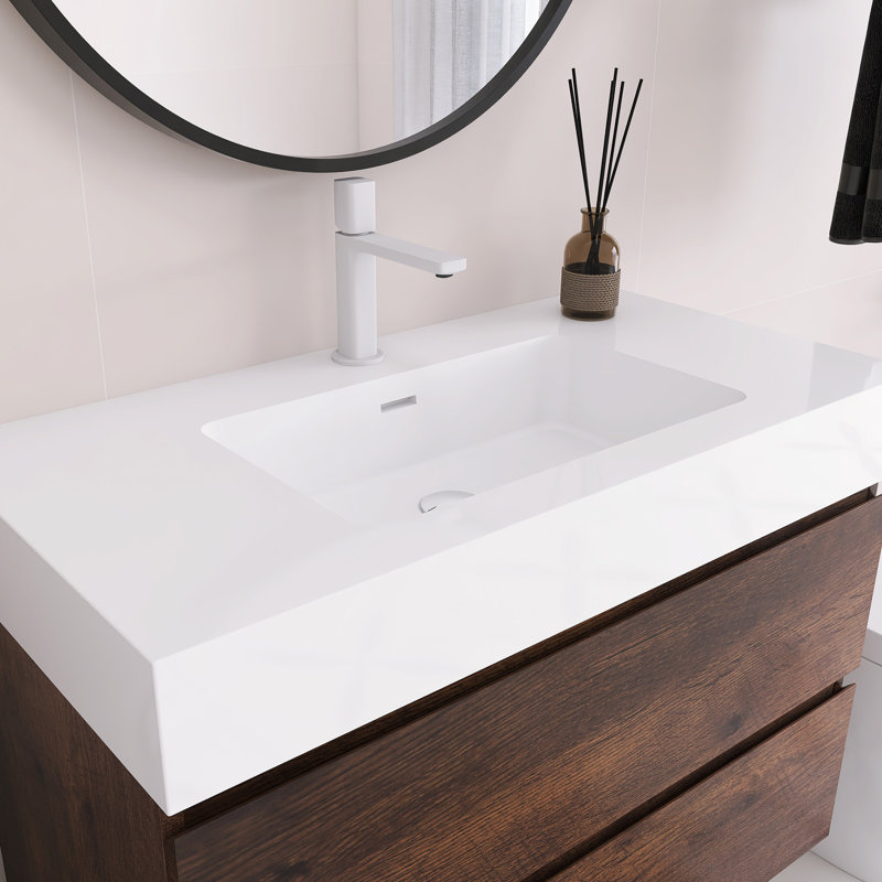 Meuble-lavabo flottant mural 36 po avec lavabo, Noyer, Blanc