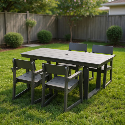 Grey 5 Garden Dining , Weather-, Patio Table, Armrest Chairs, High Impact Strength, Customizable 4 Outdoor In - Table With Umbrella Hole And 4 Suitable For Various Areas, Made From Recycled Plastic,