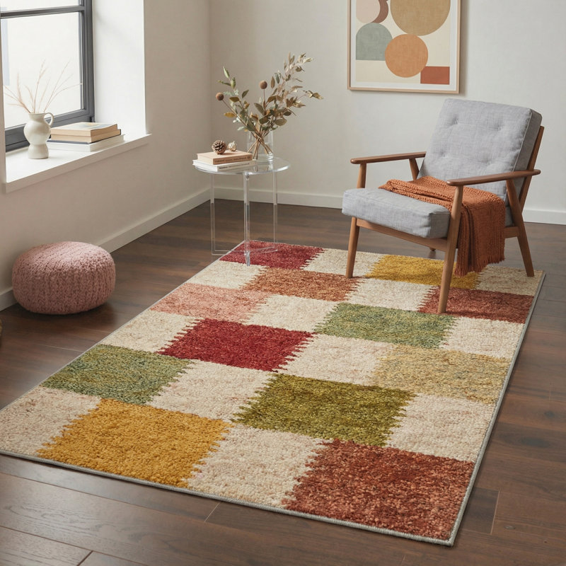 Tessera Checkered Machine Washable Pink / Beige / Yellow / Green Indoor Area Rug with Non-Slip Backing, Round 5'