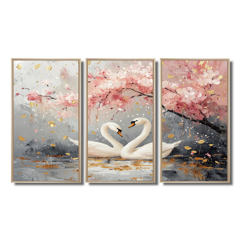 Ensemble de salon art mural cygne rose et or Love Under Cherry Blossom II, Toile argentée avec cadre flottant