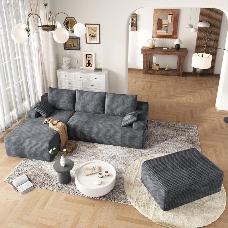 3-piece 104" Corduroy L-shaped Sofa & Ottoman, [upgraded High-density Foam] Modular Sectional, No Assembly, Dark Gray