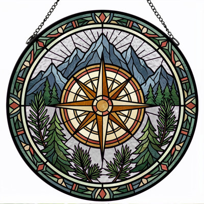 Compass Rose Stained Glass Window Panel，12"H