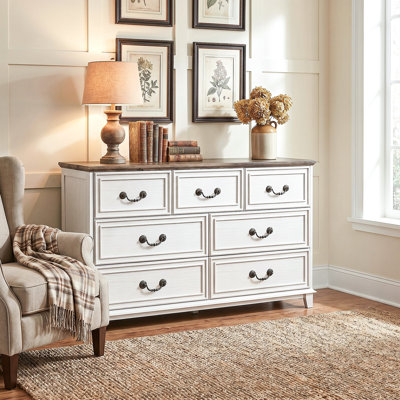 Two-Tone Farmhouse 7-Drawer Dresser, White Chest Of Drawers With Rustic Wood Top, Anti-Tip Bedroom Storage Cabinet