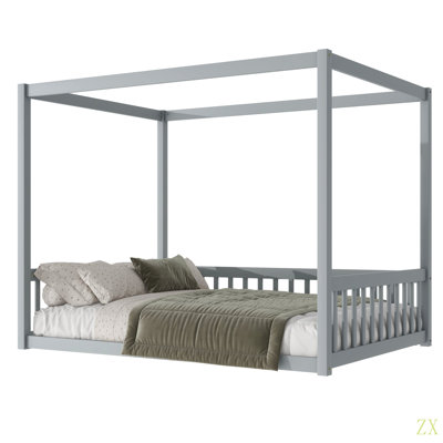 Full Size Canopy Frame Rubber Wood Floor Bed With Fence,Guardrails