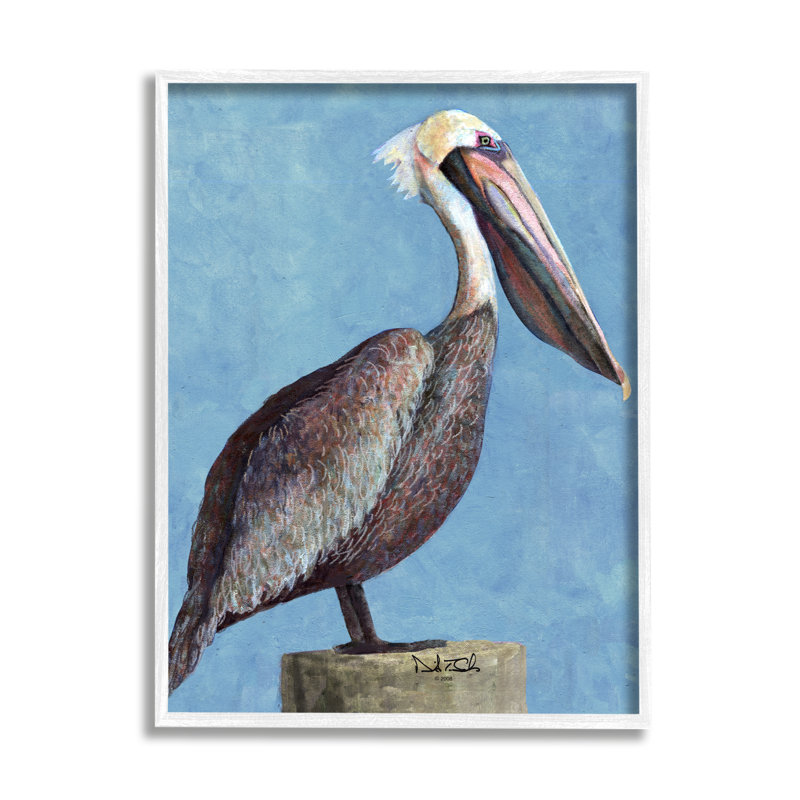 «Blue Pelican Portrait» par David Sands, H 14 po x l 11 po x P 1,5 po, Giclée encadrée blanc bord de mer