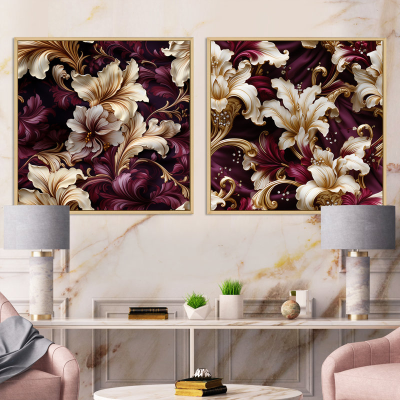 Royal Victorian Flourish Victorian Motif III - ensemble de 2 collages floraux carrés, Cadre flottant noir, H 16 po x l 33 po