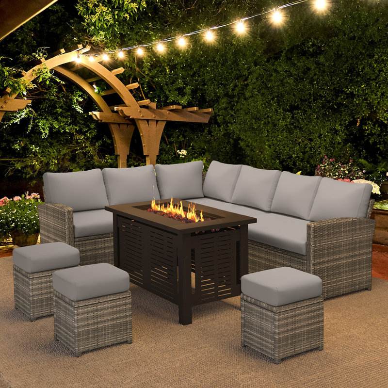 7 Piece Outdoor Patio Furniture Set With Fire Pit Table Sectional Sofa Conversation Set T