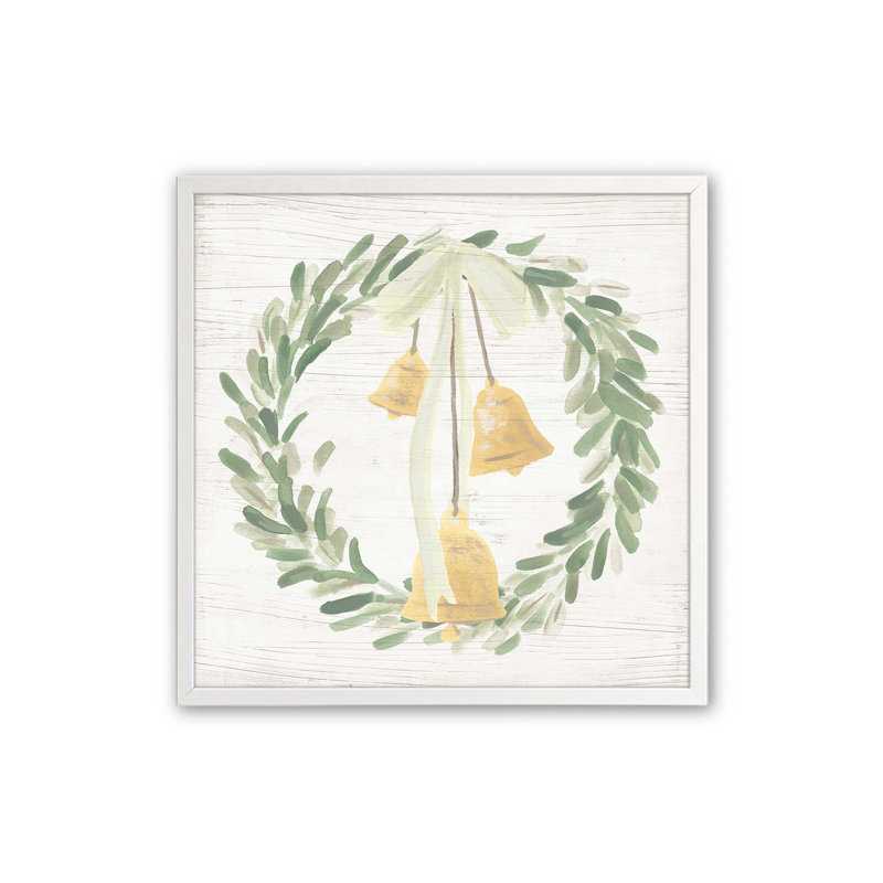 «Holiday Bells Wreath I», impression, Cadre simple opaque blanc, bois massif, H 13,5 po x l 13,5 po