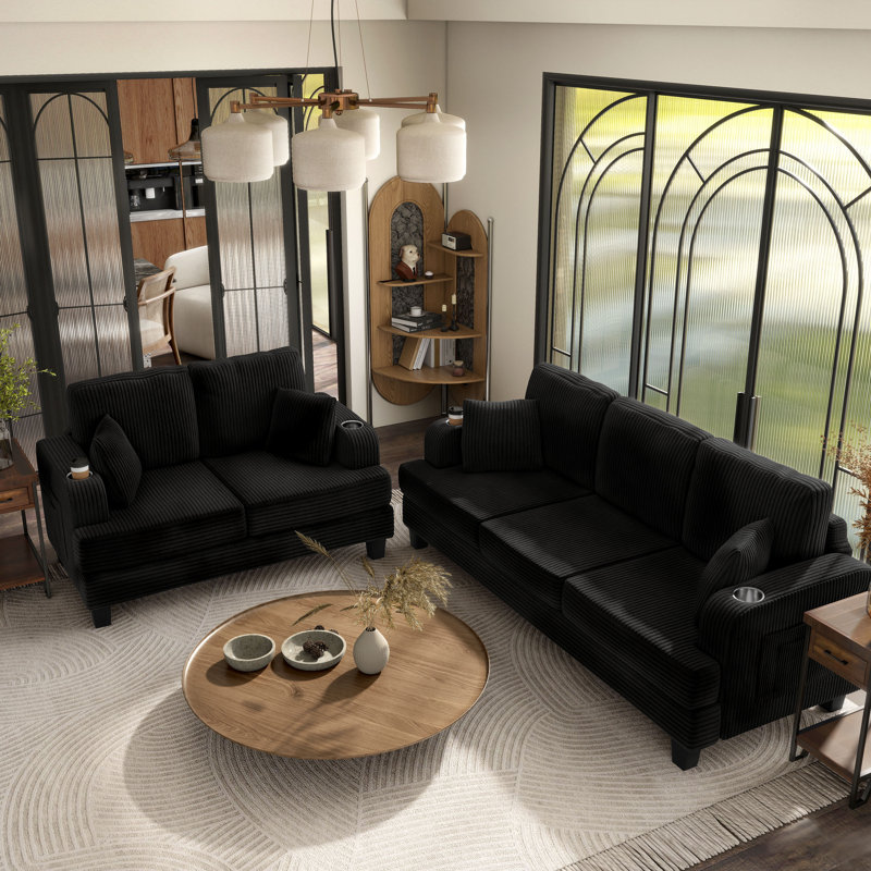 Luka 2-Piece Chenille Sofa Set, Black, 2 Pcs: Sofa, Loveseat