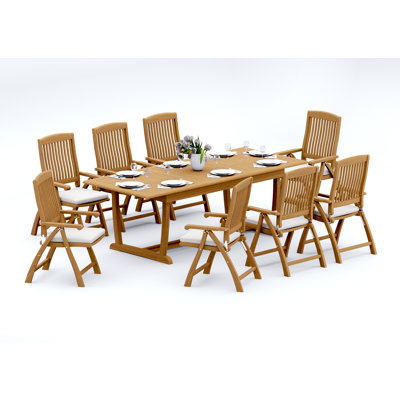 Ensemble de salle à manger en bois de teck Grade-A: table à double tréteaux à pieds avec tréteaux et fauteuils inclinables Marley # 11MR2108