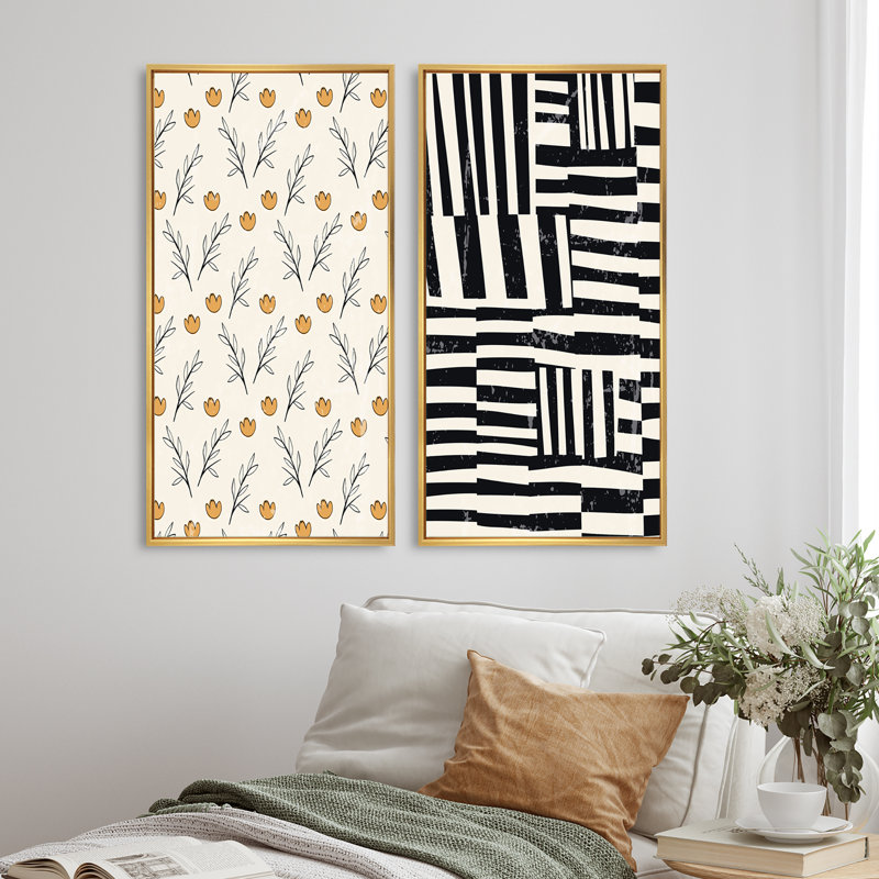 Abstrait rétro géométrique monochrome I - ensemble de 2 impressions, H 40 po x l 40 po x P 1,5 po, Toile avec cadre doré