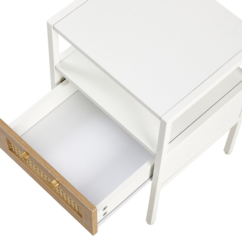 Set Of 2, 15.75" Rattan End Table With  Drawer, Modern Nightstand, Metal Legs,Side Table, White