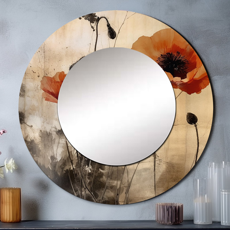Vintage Beige Poppies II - Floral Mirror, Traditional Round Unique Wall Mirror, Printed Metal Art, 23" x 23"